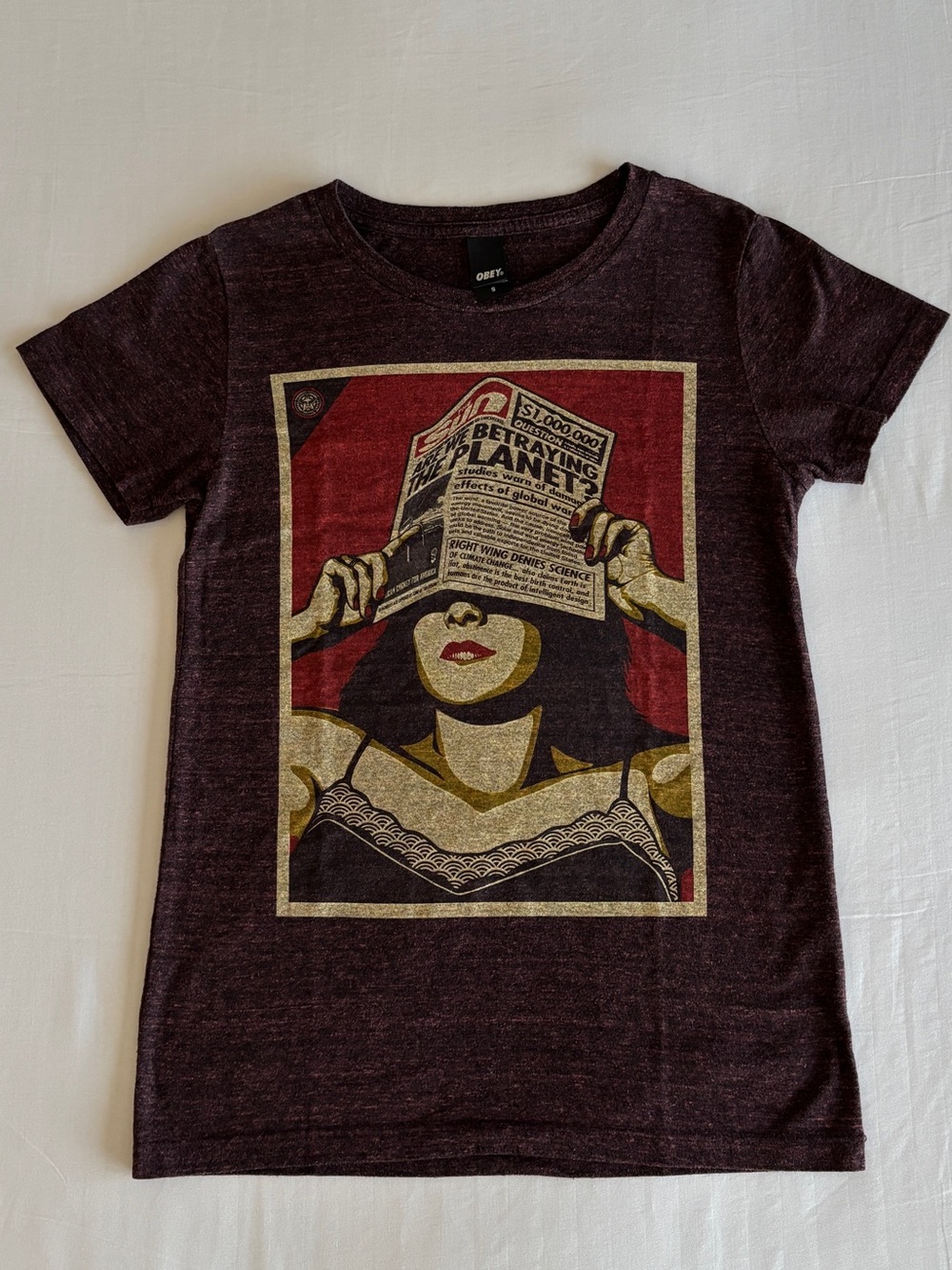 Obey Women's Short-Sleeve Graphic Tee in Maroon with Red and Cream Print